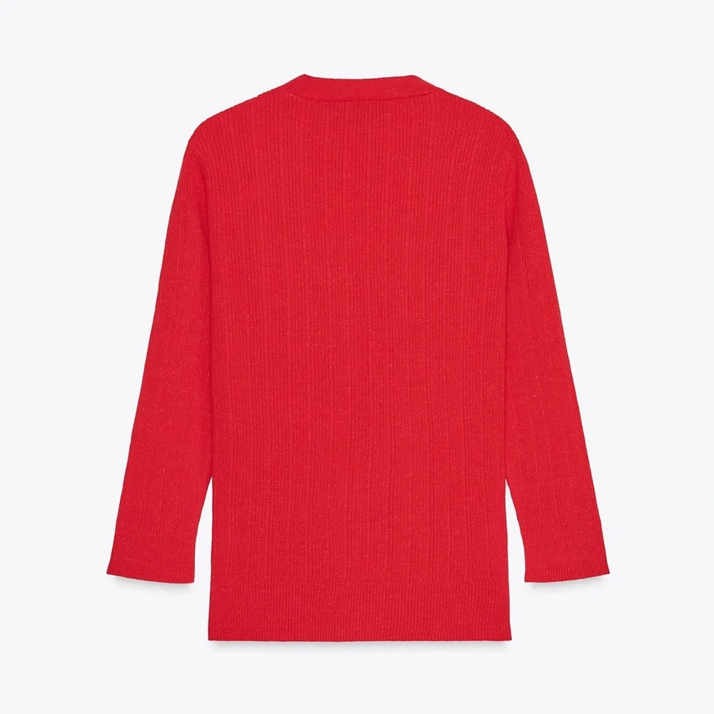 ZARA V-neck Knit Cardigan w/ 3/4 sleeves in Gold Button Red Size M NEW - Picture 5 of 6